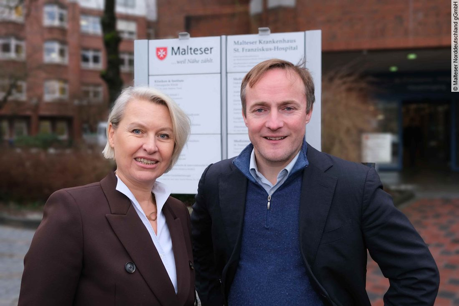 Kerstin Ganskopf und Philipp zu Löwenstein übernehmen voraussichtlich zum 1. März 2026 gemeinsam die Geschäftsführung des Malteser Krankenhauses St. Franziskus-Hospital und des Diako Krankenhauses in Flensburg. Foto: Malteser Norddeutschland gGmbH